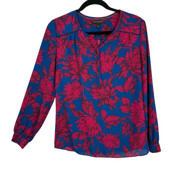 Banana Republic Chiffon 3/4 Sleeve Top Wom size Small Blue Pink Floral Popover - Picture 1 of 11
